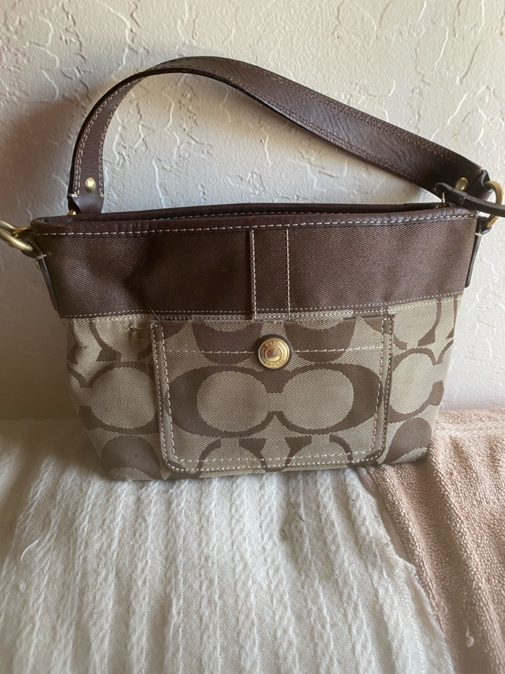 Coach Brown Signature Canvas Shoulder Bag with Leather Trim